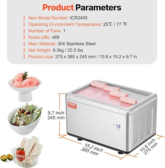 VEVOR Fried Ice Cream Machine, 12.6 x 8.5 120W Stir-Fried Ice Cream Roll Maker with Compressor and 2 Scrapers, for Making Dessert Rolls, Frozen Yogurt