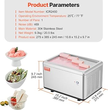 VEVOR Fried Ice Cream Machine, 12.6 x 8.5 120W Stir-Fried Ice Cream Roll Maker with Compressor and 2 Scrapers, for Making Dessert Rolls, Frozen Yogurt