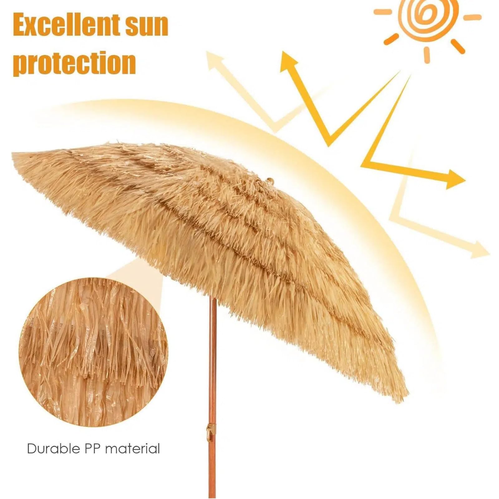 KOMFOTTEU Ombrellone da Spiaggia 200 cm, Parasole Hawaiano, Antivento, Impermeabile, Anti UV, in Paglia Pieghevole e Portabile, Ombrellone in Rafia per Giardino, Balcone, senza Base, Giallo
