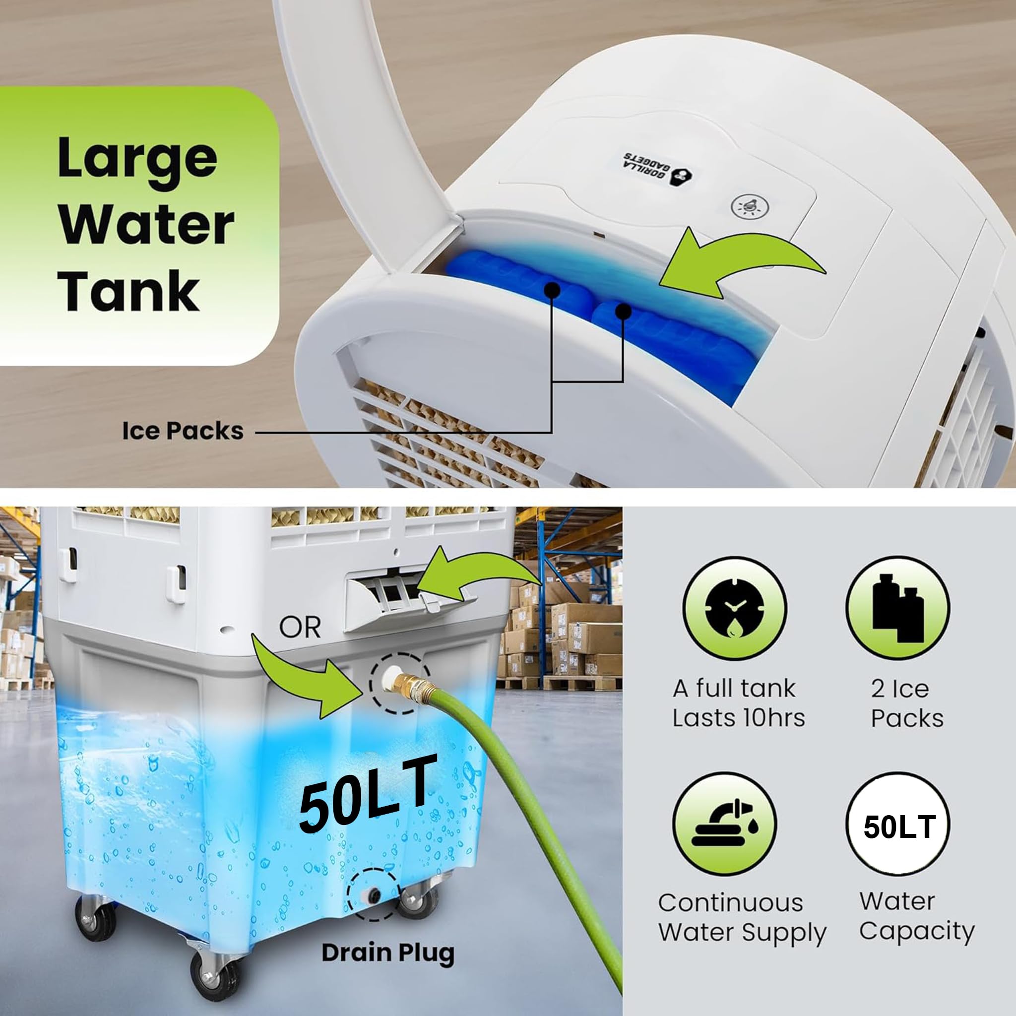 Ventilatore Raffrescatore d’Aria Evaporativo 150W – Tanica 50L con Collegamento Diretto Acqua, LED RGB, Timer e Telecomando, Ideale per Capannoni, Ristoranti, Eventi