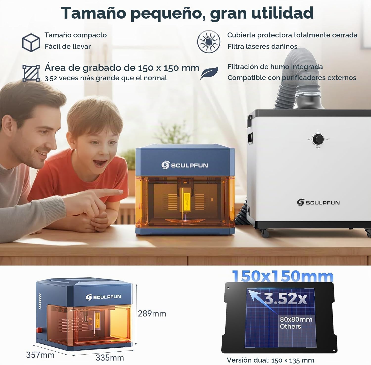 SCULPFUN iCube Ultra Dual Laser Grabadora Láser Cerrada, 12W Diodo + 1.2W Infrarrojo, Máquina de Grabado y Corte con Filtro de Humo, Autofocus y Seguridad Clase 1, Área de grabado 150x135mm