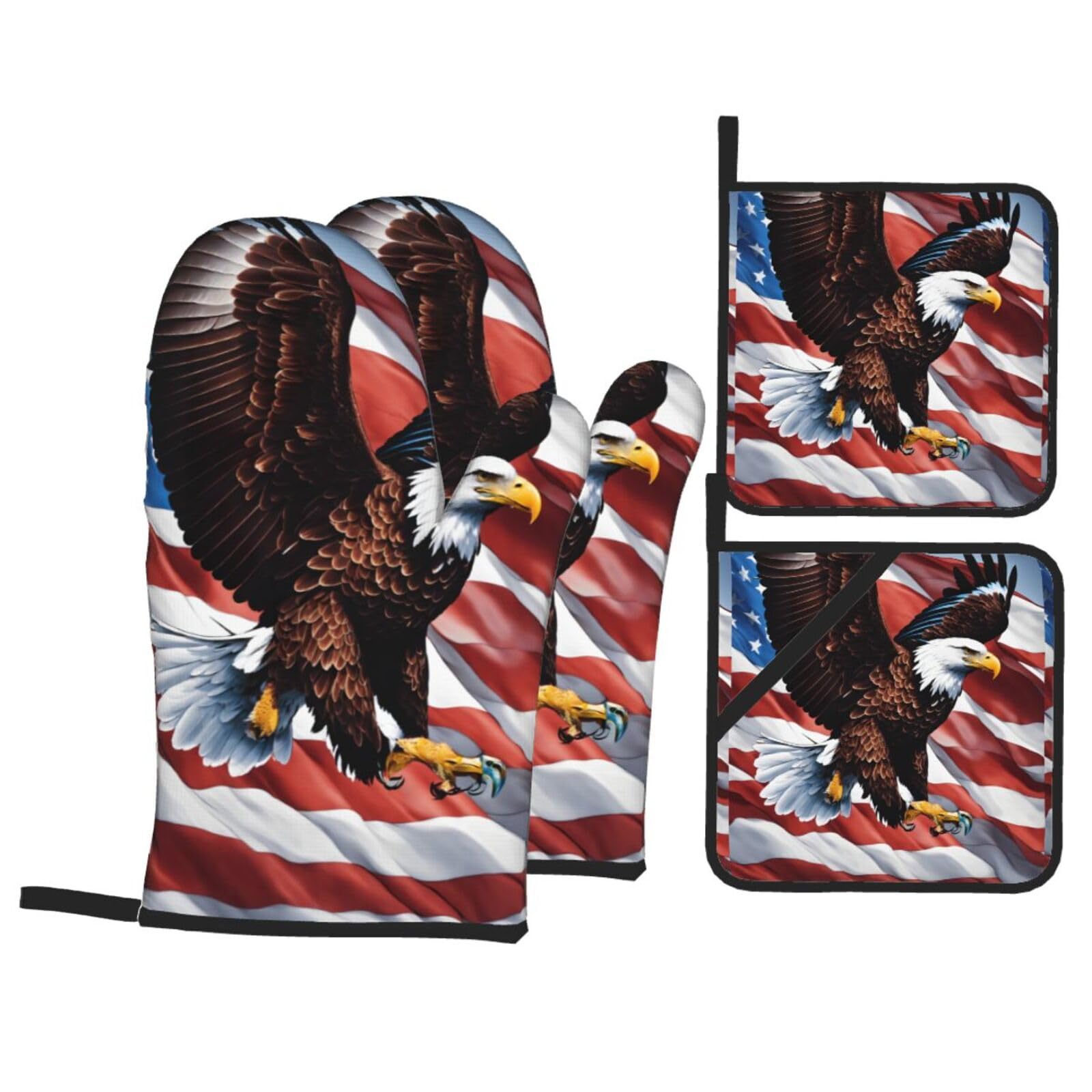 Eagle With Usa Flag Print Kitchen Oven Mitts And Pot Holders Set,Hanging Loop Design For Cooking Baking Bbq