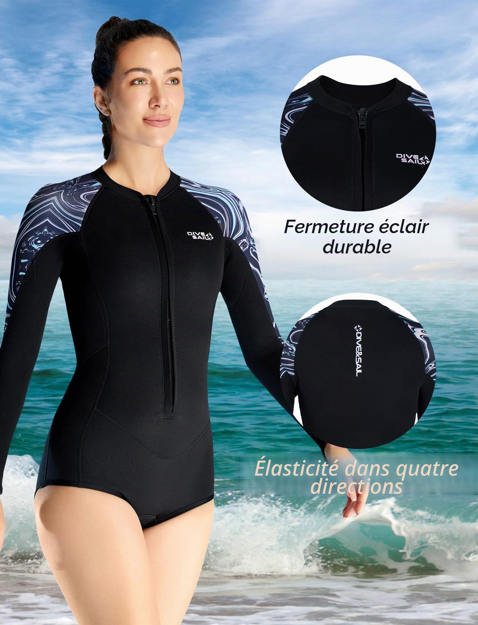 Maeau - Femme Rash Guard Maillot de Bain Une Pièce en Néoprène Manches Longues Maillot de Surf 2mm avec Zip Avant UPF 50+ Épaissie pour Plongée Apnée Sports Nautiques XS S M L XL XXL