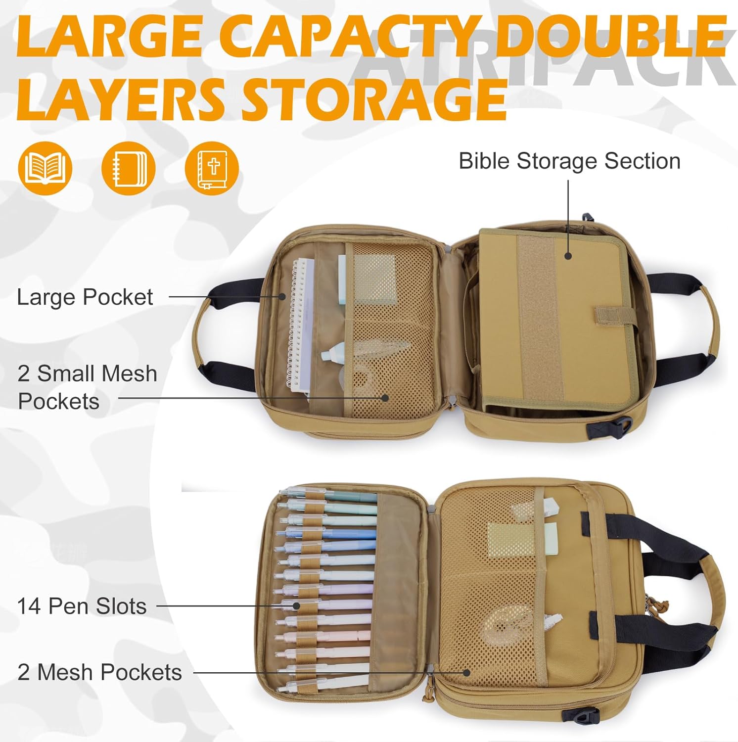 ATRIPACK Tactical Large Bible Cover for Men,Double Layer Bibles Bag With Detachable Book Carrying Case, Covers for Bible Organizer with Zippered Pockets,Church Case with Handle.