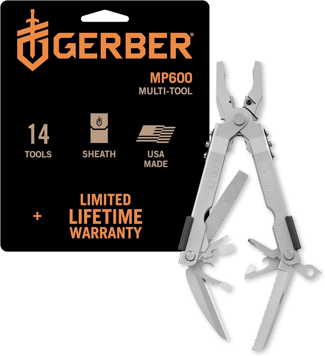 Multiherramienta de punta roma Gear Multi-Plier 600 con 14 herramientas - Incluye cuchillo, alicates, funda de nylon y más - Fabricada en EE. UU. - Herramienta de acero inoxidable
