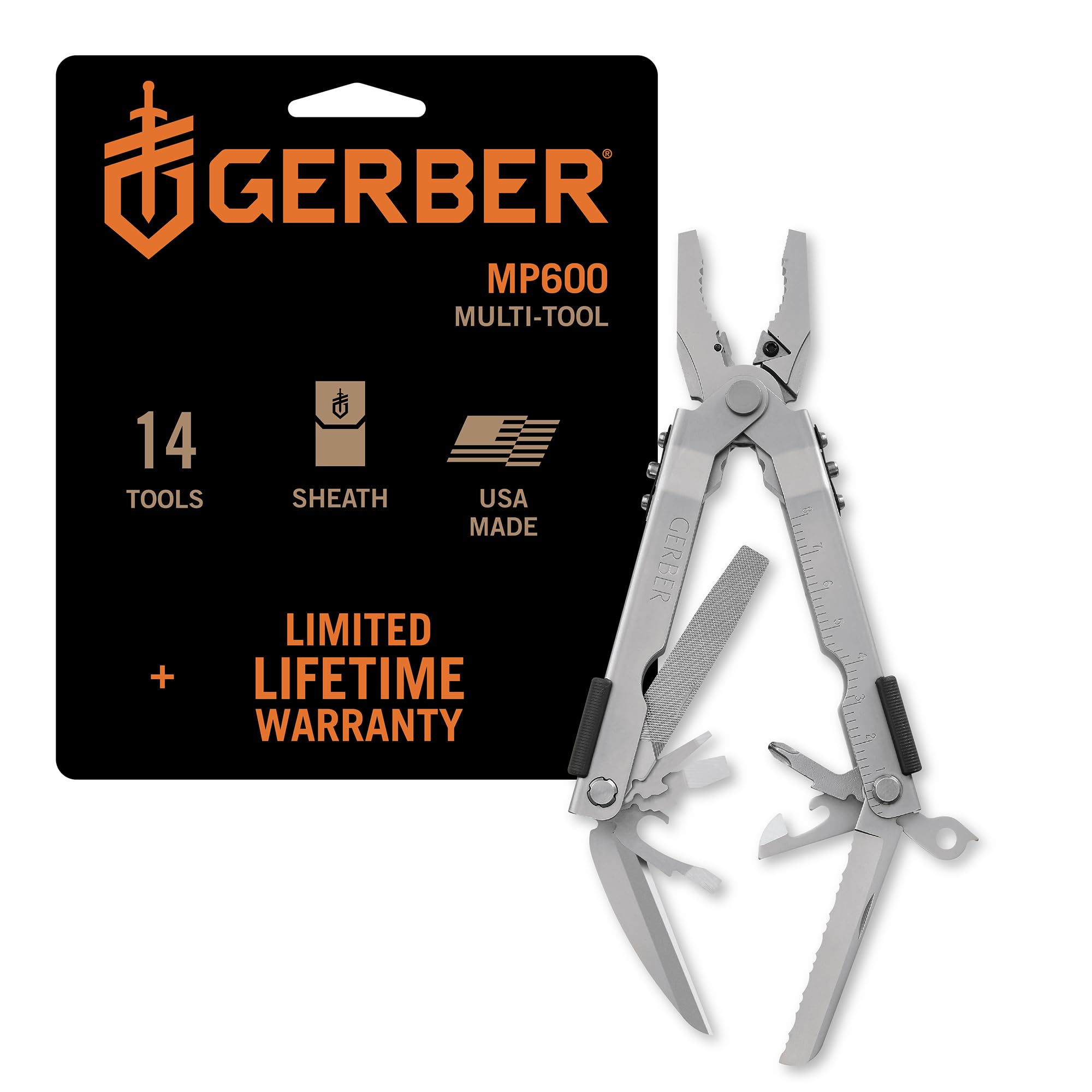 GerberGear Multi-Plier 600 Blunt Nose Multitool with 14 Tools - Includes Knife, Pliers, Nylon Sheath & More - Made in USA - Stainless Steel Tool
