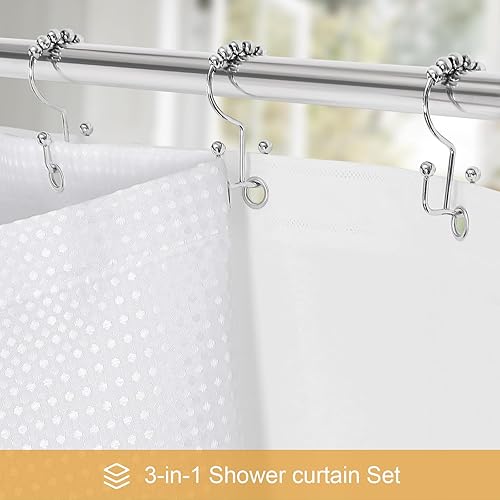 Miniatura 2 de Juego de cortina de ducha 3 en 1 de tela impermeable moderna con forro de PEVA y 12 ganchos de doble cara de acero inoxidable, decoración de baño