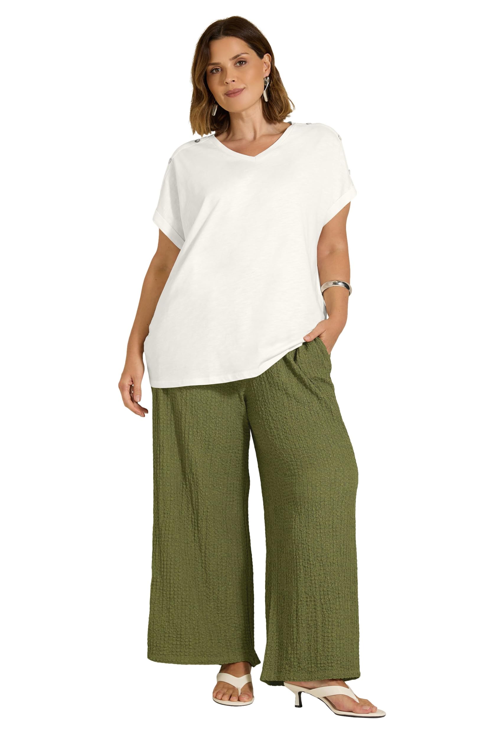 Evans Women's Ivory Curve White Button Shoulder T-Shirt - Plus Size Curve
