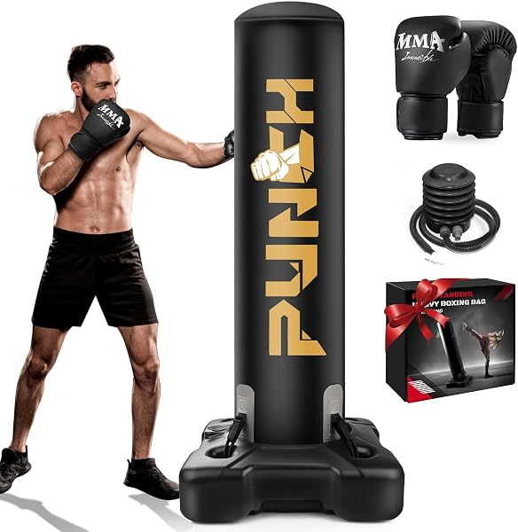 Heavy Boxing Bag with Stand for Adult Teens, Freestanding Inflatable Punching Bag with Gloves, Men Women Stand Kickboxin