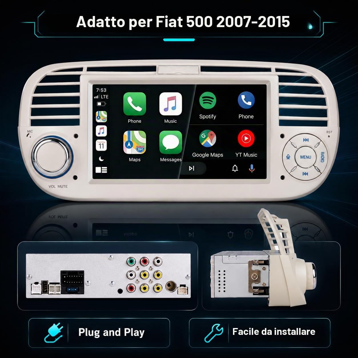 Autoradio Thihphoatli 1DIN Wireless CarPlay DSP RDS per FIAT 500 2007-2015 | Sistema Linux,avvio rapido 2s,Plug&Play,Bluetooth,CANBUS,comandi volante originali,schermo supporto telecamera posteriore
