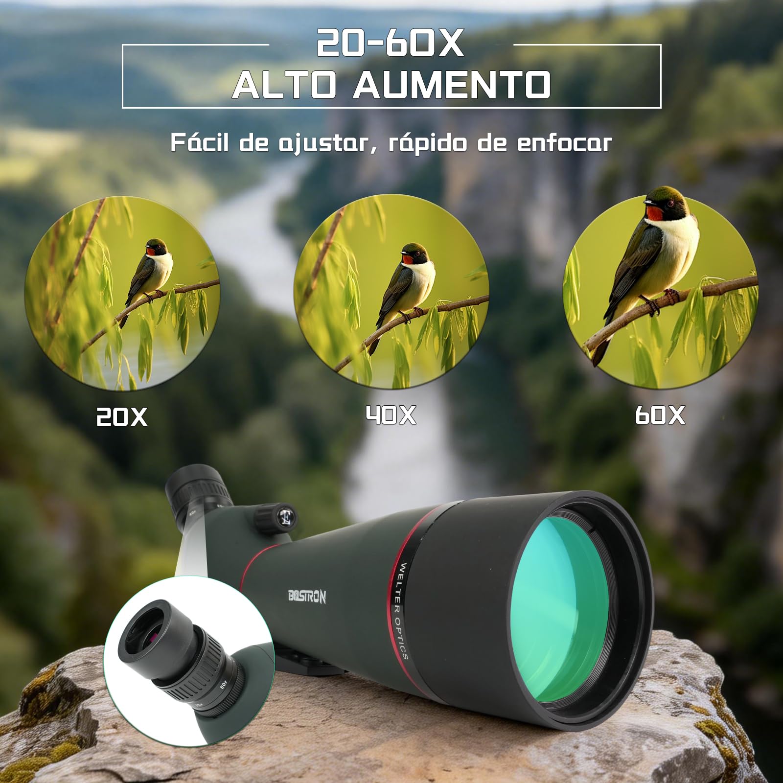 Catalejo Terrestre HD 20-60x80, Lente FMC Verde, Adaptador Móvil + Trípode, Portátil para Observar Aves, Caza y Paisajes