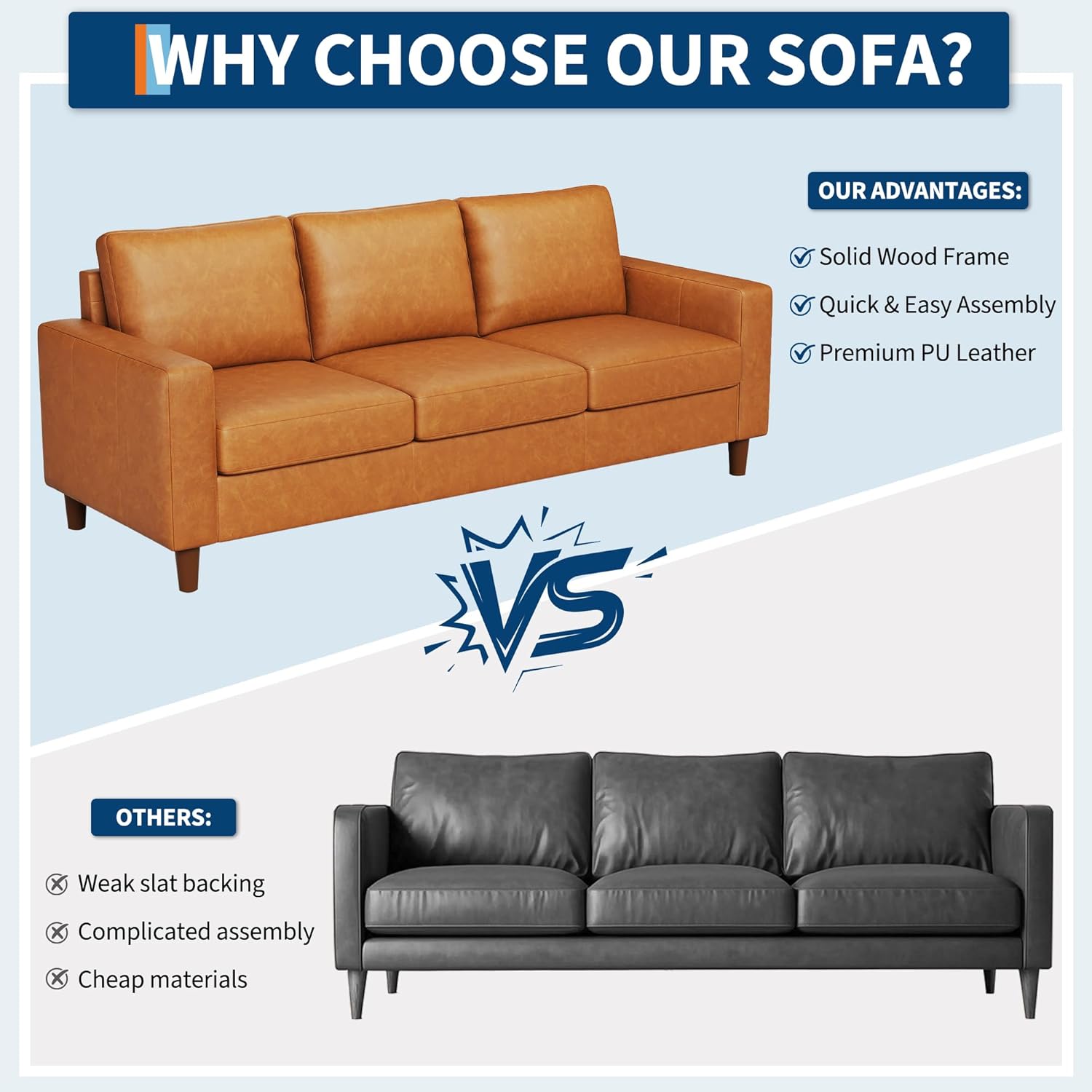 GarveeHome Leather Sofa, 83 in Mid-Century Modern Couch, 3 Seater Sofa with Armrests and Comfy Cushions, Deep Seat Sofas for Living Room, Bedroom, Office