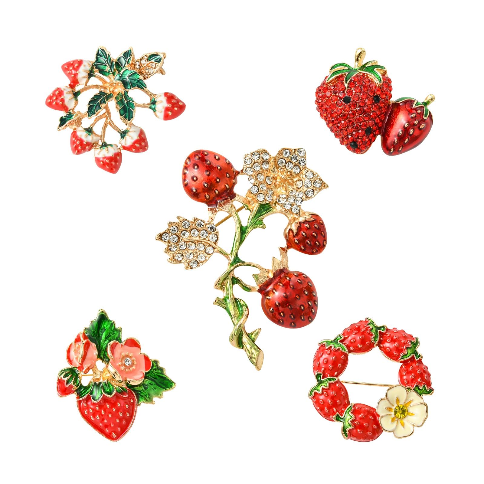 Broche fraise rouge d'artisanat émaillé et strass éclatants pour vestes et chapeaux