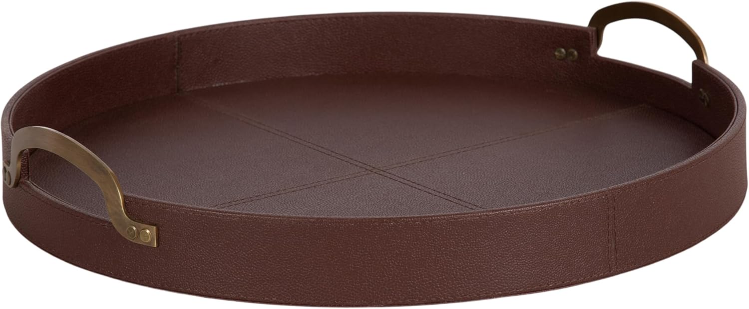 Kate and Laurel Oxbury Decorative Vegan Leather Round Tray with Handles, 18 Inch Diameter, Brown and Antique Brass, Modern Circle Ottoman Tray for Use as Tabletop Decor Accent or Display Option 18" Brown/Gold