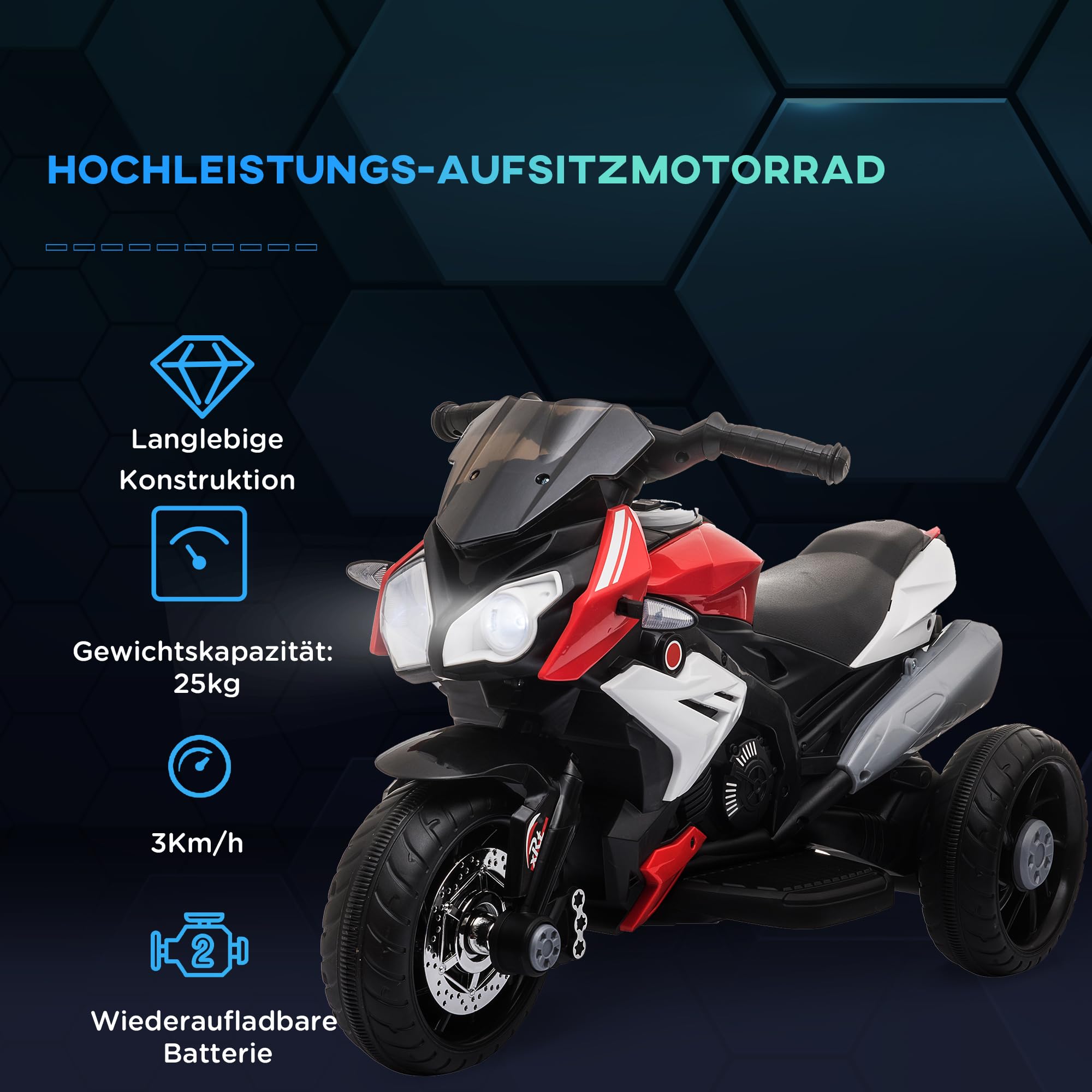 HOMCOM Elektro Kindermotorrad Elektromotorrad mit Musik, Scheinwerfer, Kindermotorrad 3 km/h, für Kinder von 3-5 Jahren, max. 25 kg, Rot+Schwarz