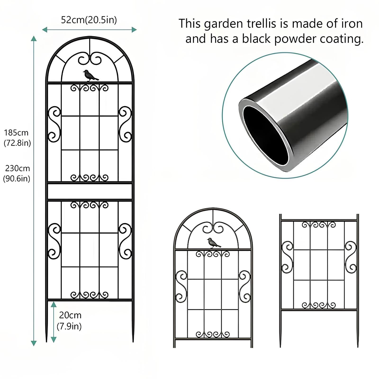 Tuteur pour Jardin 185/230 cm pour Plantes Grimpantes, Treillis en métal antirouille Support pour Plantes Grimpantes d'Extérieur(Black,W52xH230cm)