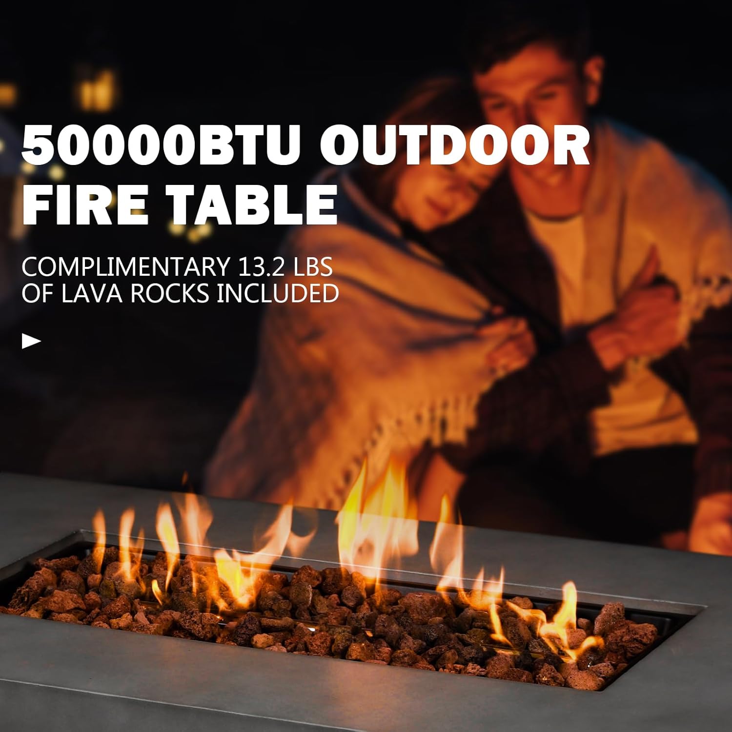 60" Rectangular Propane Fire Pit – 3-Piece 50,000 BTU Concrete Fire Pit with Glass Wind Guard and Tank Cover Table – Outdoor Firepits – Gas Fireplace for Deck or Patio