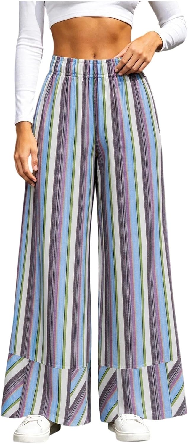 Womens Striped Wide Leg Palazzo Pants High Waisted Casual Pants