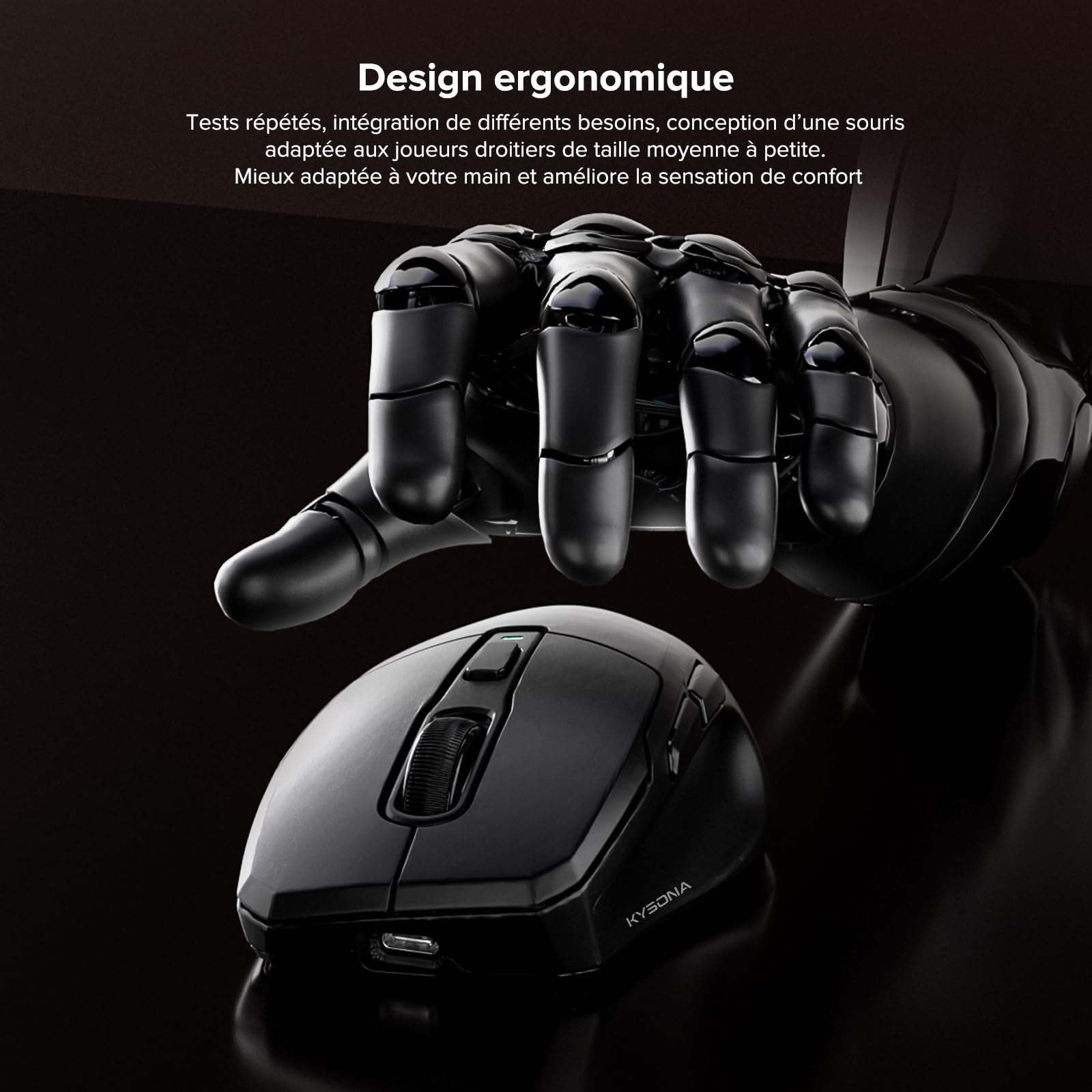 KYSONA Souris de Jeu sans Fil, 26 000 DPI, taux d’Interrogation 8K,2.4GHz/USB-C/Bluetooth, Design Ergonomique, Interface Web, revêtement refroidissant, Rechargeable,Noir