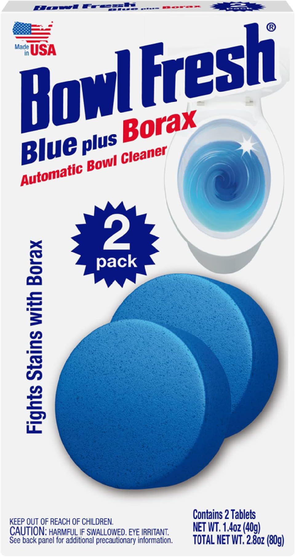 Bowl Fresh Blue plus Borax Automatic Toilet Bowl Cleaner Tablets, Toilet Freshener Tablets with Borax, 2 Count