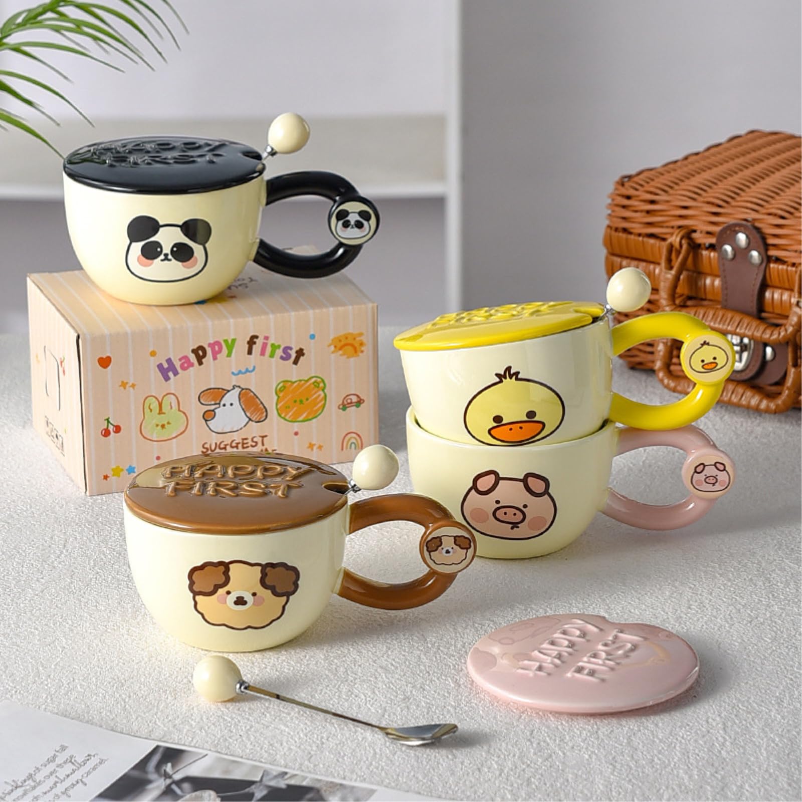 Taza de desayuno de 400 ml con cuchara de boca ancha para parejas, cerdo, 400 ml
