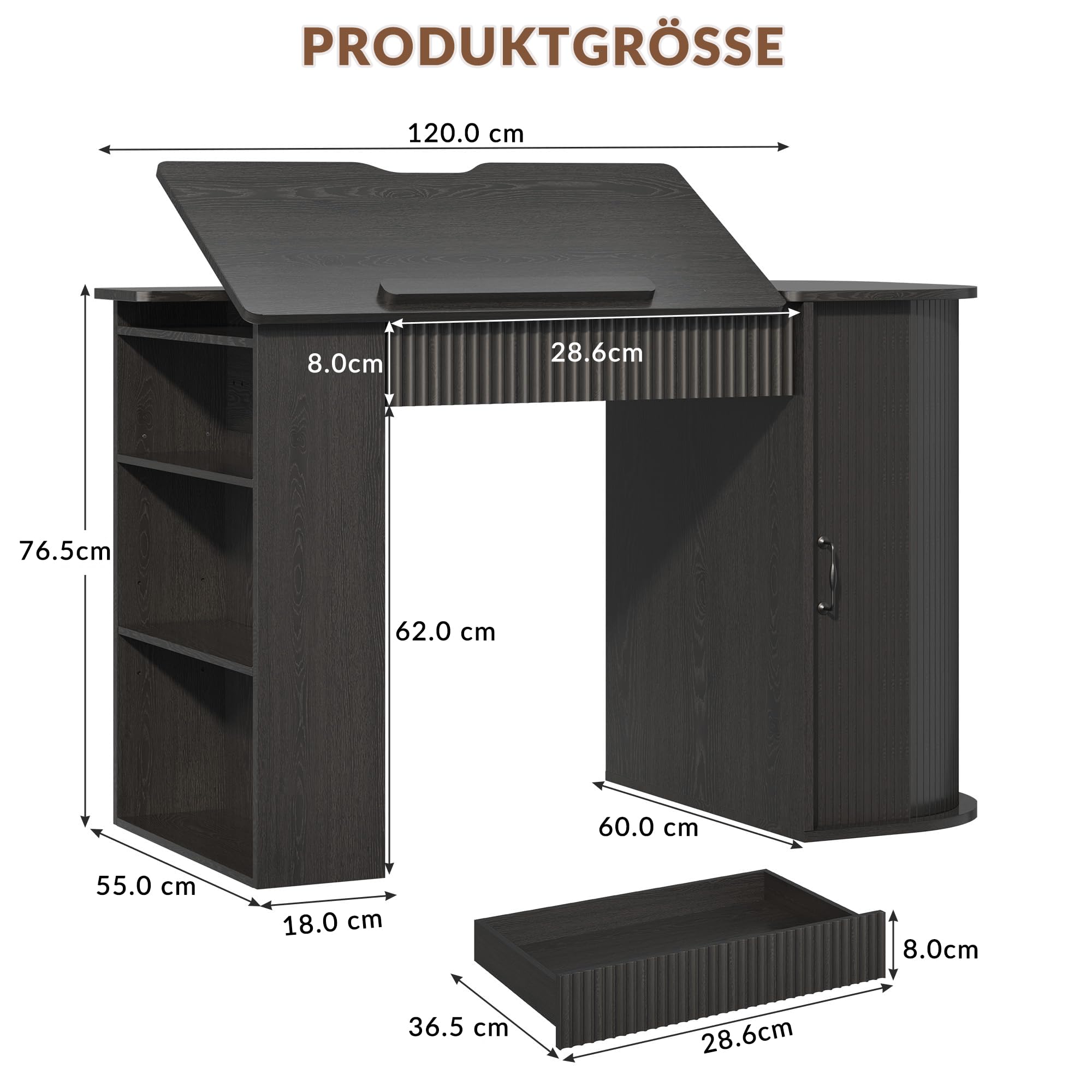 Zeichentisch mit neigbarer Platte, Regal und Schrank, Schwarz | Neigbare Tischplatte, Regal mit 3 Fächern, Schrank mit Tür, Ablageleiste, Für Zeichnen und Malen