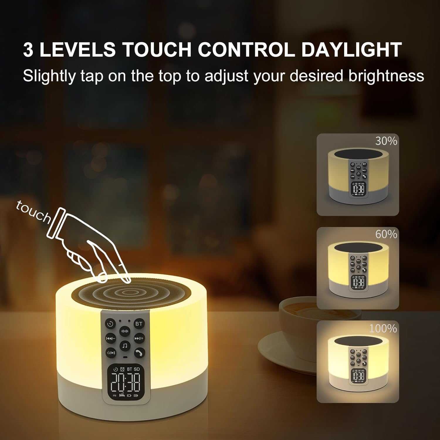 Diagram showing a hand tapping the top of the AFEXOA device to adjust light brightness, with illustrations of 30%, 60%, and 100% brightness levels.