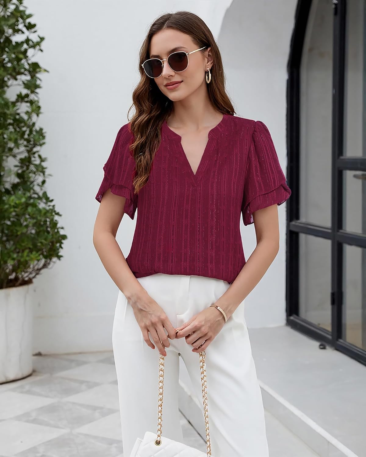 Lotusmile Womens Dressy Chiffon Blouses Summer Puff Petal Short Sleeve Shirts V Neck Casual Work Tops - Image 6