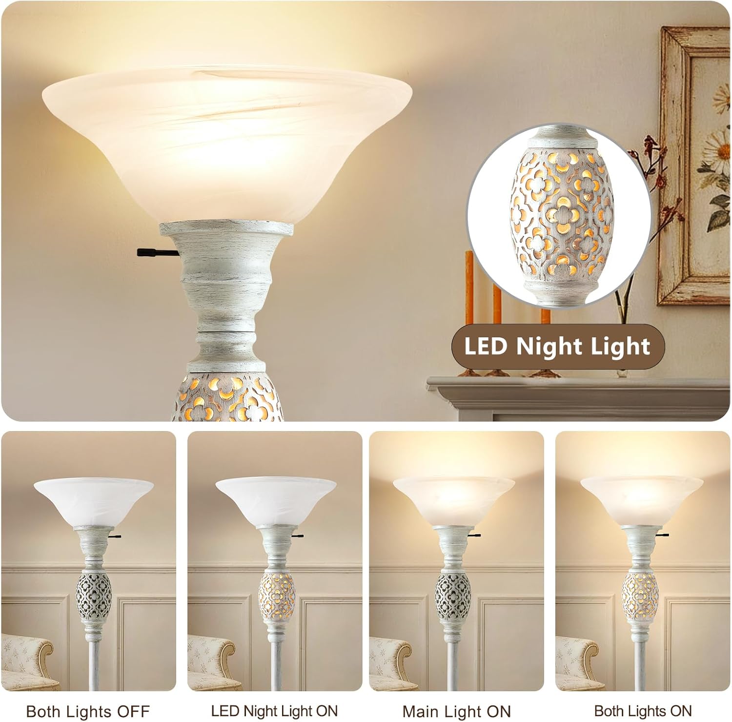 Luvkczc 70" Torchiere Floor Lamp with NightLight - Floor Lamps for Living Room, Bedroom, Office - Vintage Floor lamp with Rotary Switch & Etched Glass Shade, Home Decor, Bulb Included