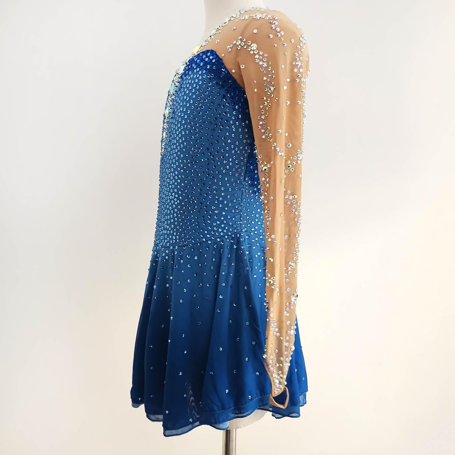 Girls' Deep Blue Long Sleeved Backless Figure Skating Dress Professional Competition Outfit