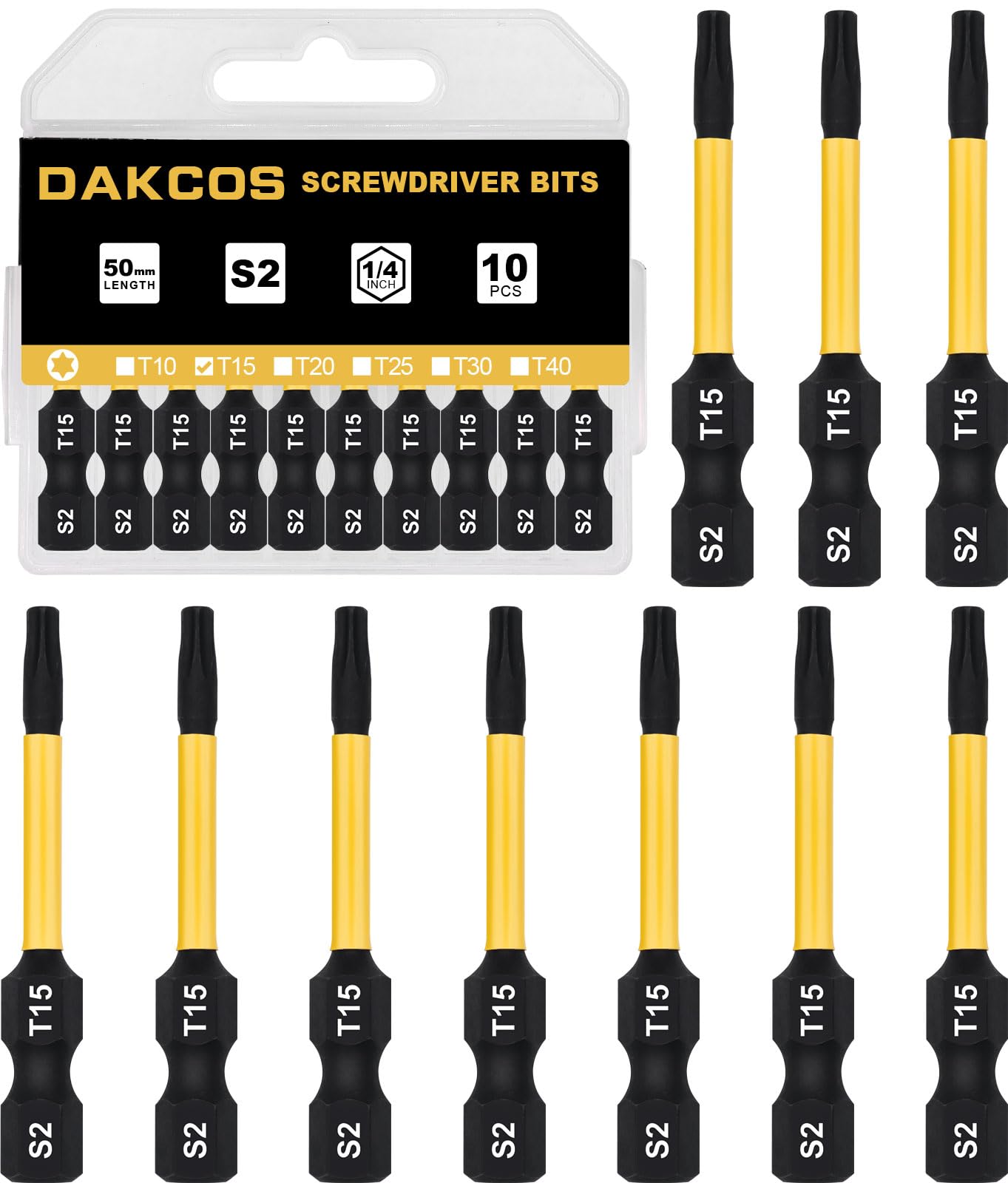 DAKCOS T15 Torx Bit, Impact Driver Bits, 1/4" Screwdriver Bit Sets, 10PCS Premium S2 Alloy Steel Bits, 50mm Long