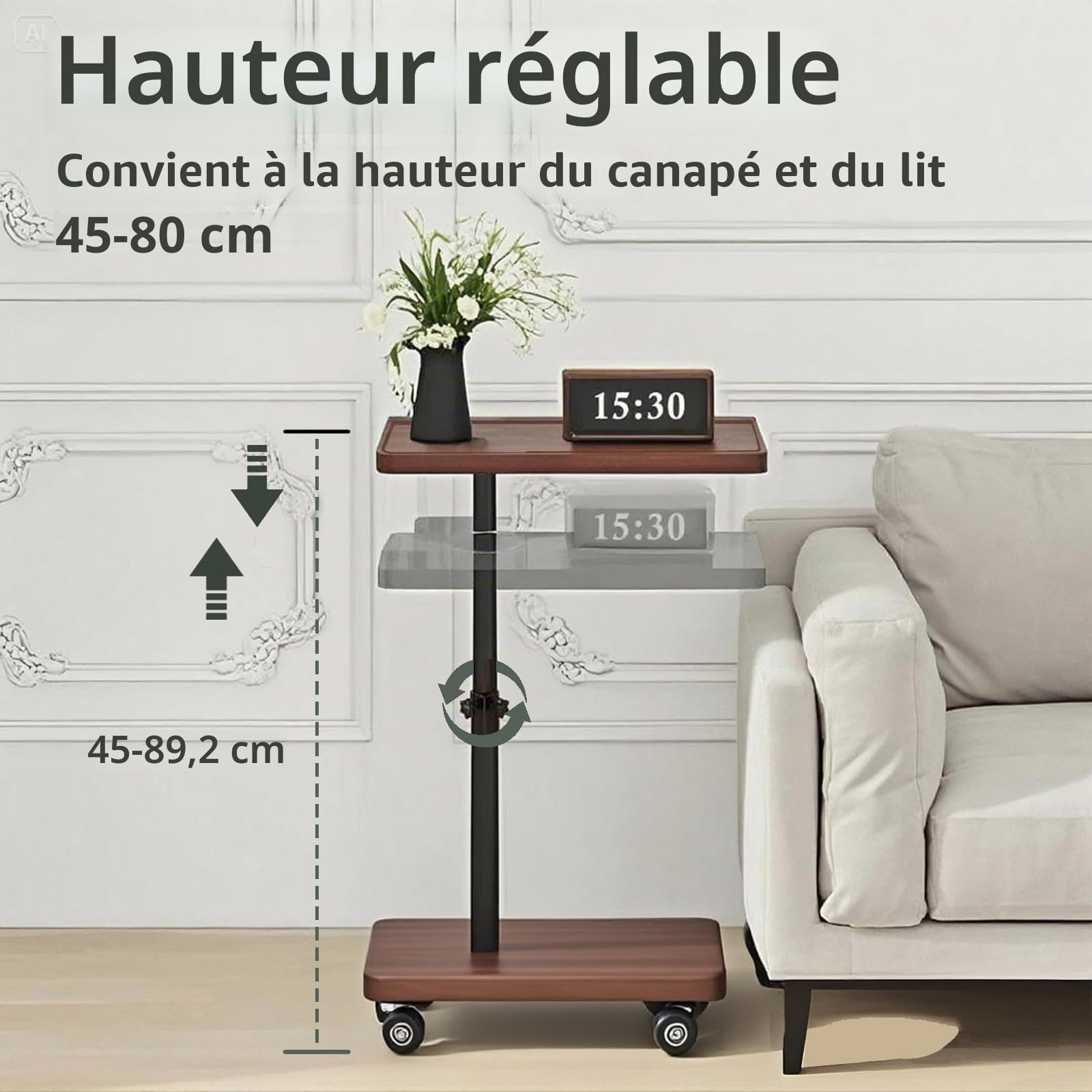 Table D'appoint À Roulettes Réglable En Hauteur (45-80 Cm),en Forme De C ,360 ° Pivotante Canapé Table D'appoint Pour Canapé ,Petite Café Moderne C Tables, Aux 4 Roulettes,pour Salon/Chambre/Balcon