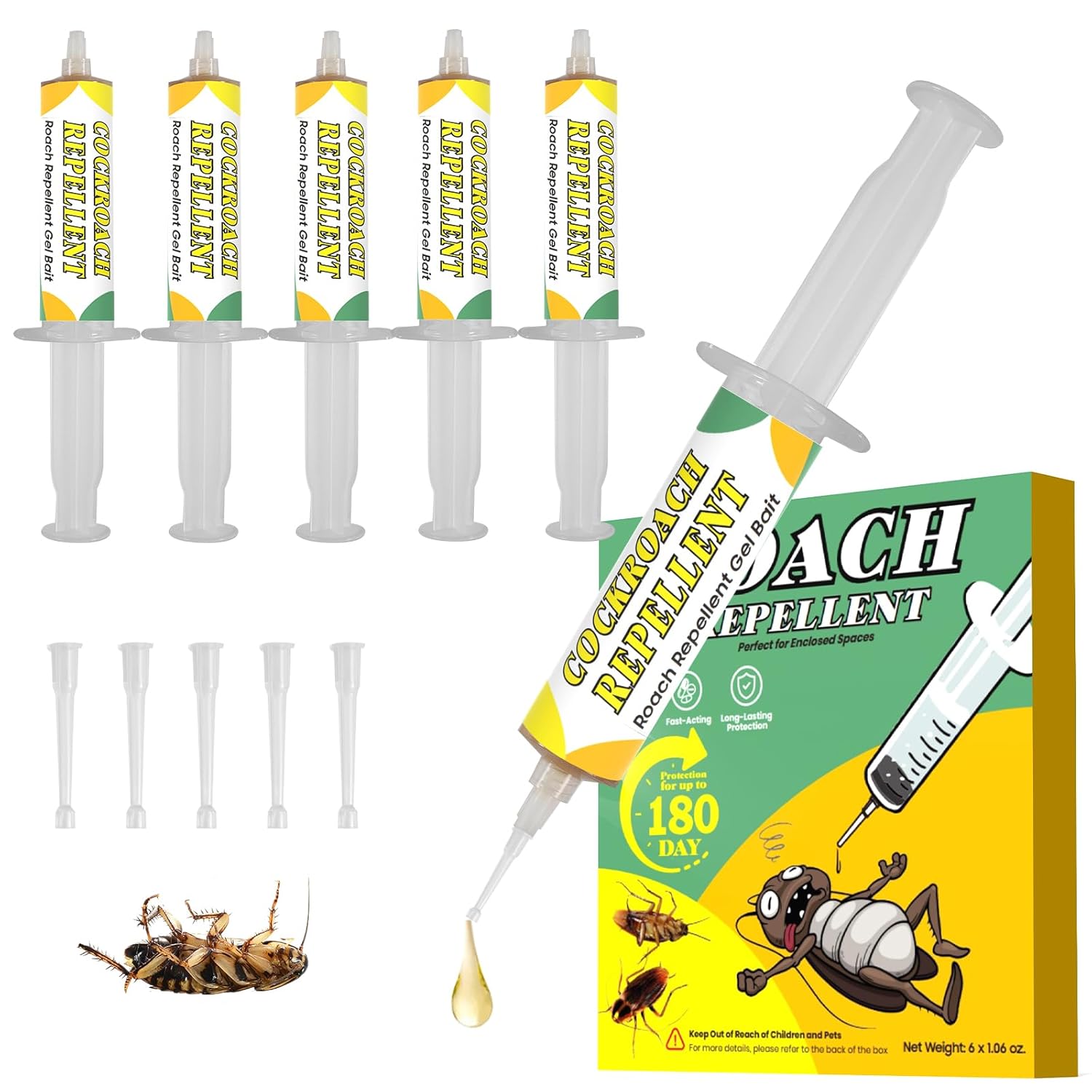 Cockroach Gel Bait, 6 Tubes x 30 Grams Roach Gel Bait Killer Against All Roaches, Cockroach Killer Indoor Home Fast-Acting & Long-Lasting 180-Day Protection, Safe for Indoor Use Around Kids and Pets