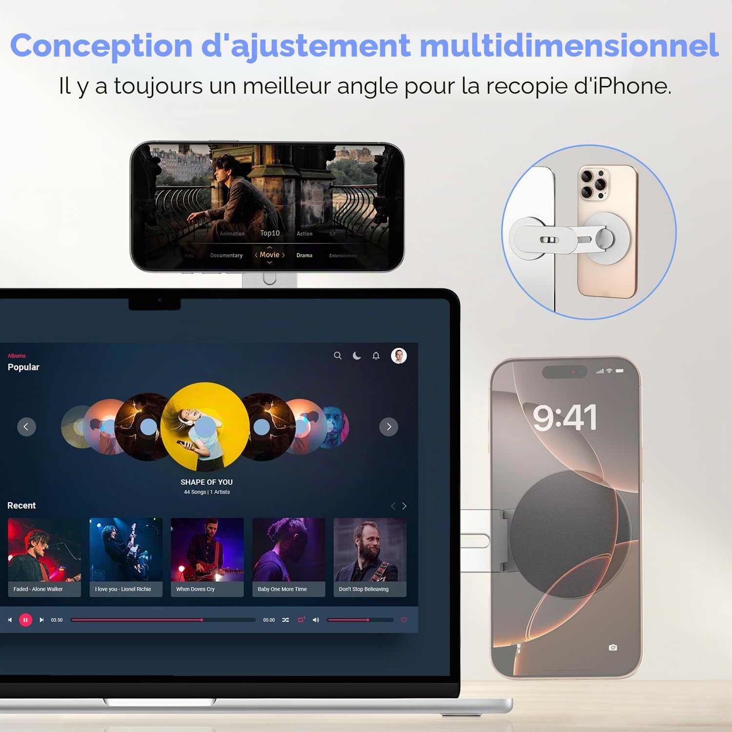 CloudValley Support Téléphone Magnétique pour Ordinateur Portable, Caméra de Continuité 3D Réglable pour iPhone Mag et Tous Les Téléphones, Holder Oliable pour Tesla, PC et Moniteur de Gym, Argent