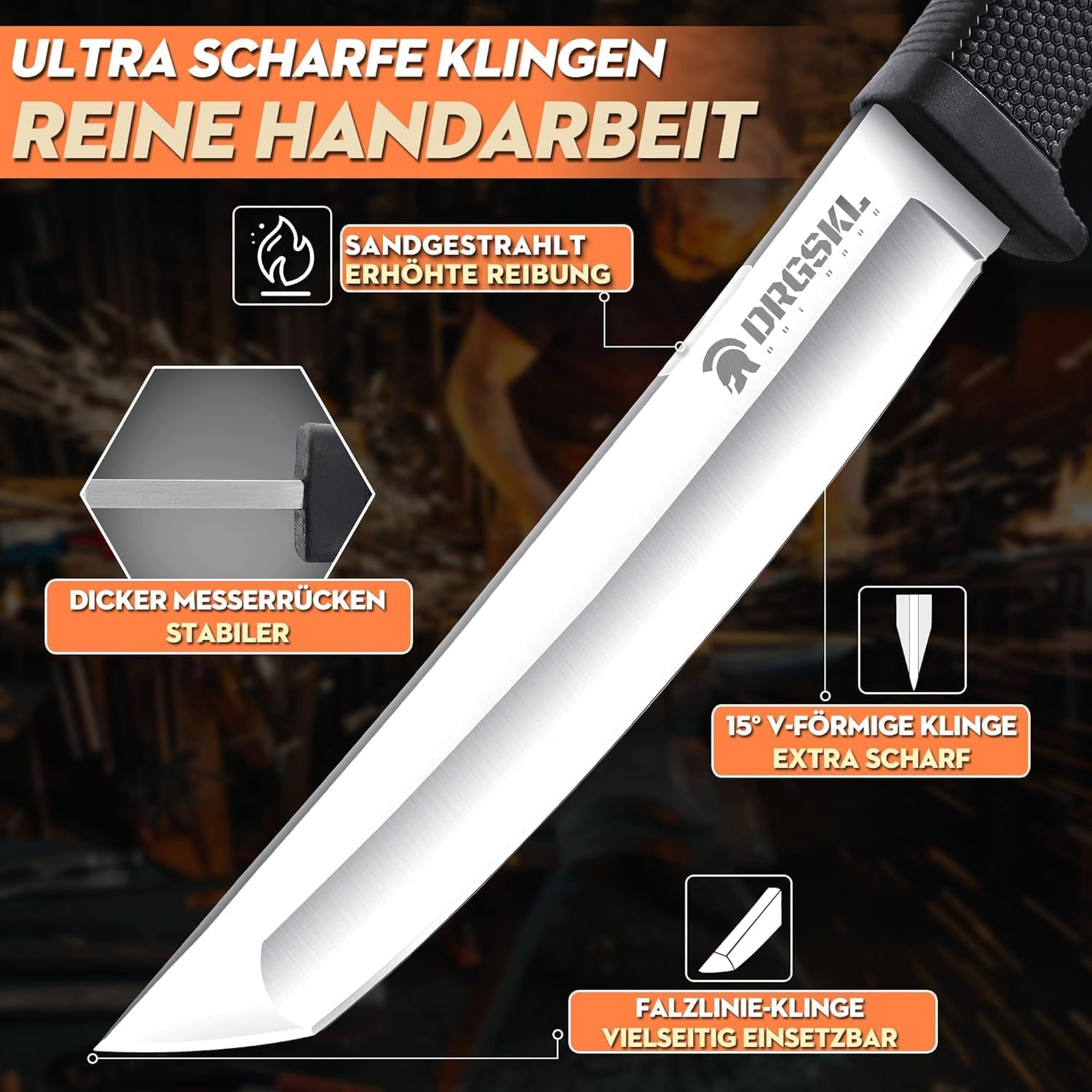 DRGSKL Recon Tanto Survival Messer Outdoor Scharfe Dschungel-Jagdmesser Kydexscheide Bushcraft Outdoor-Messer für Camping Messer, Wandern Weihnachtstag Männer Geschenke Schwarz
