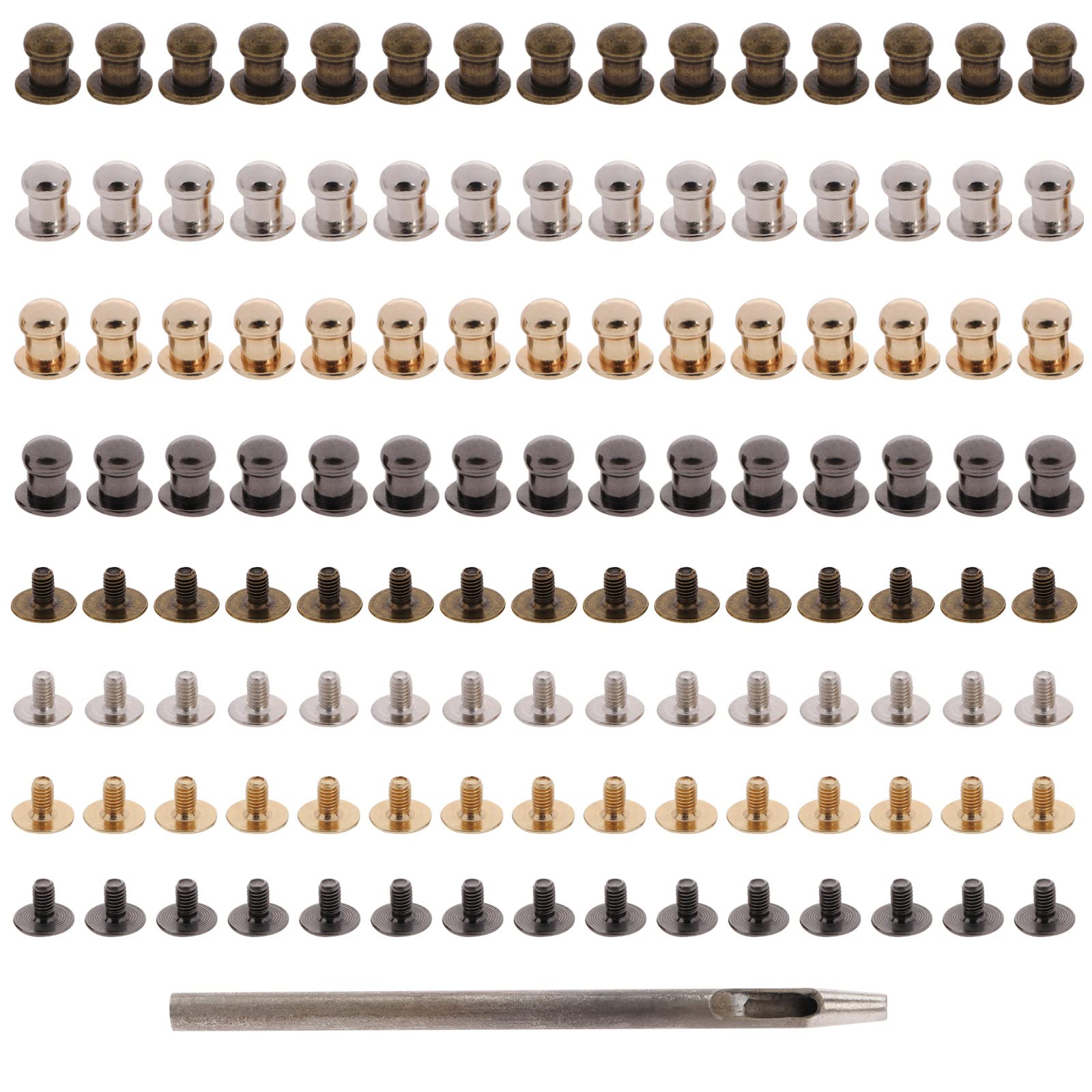 120 Pairs Leather Rivets 5mm Button Studs Round Head Slotted Screws Nail Rivets with Hole Puncher for DIY Belt Wallet Jacket Repair Leather Craft Accessories