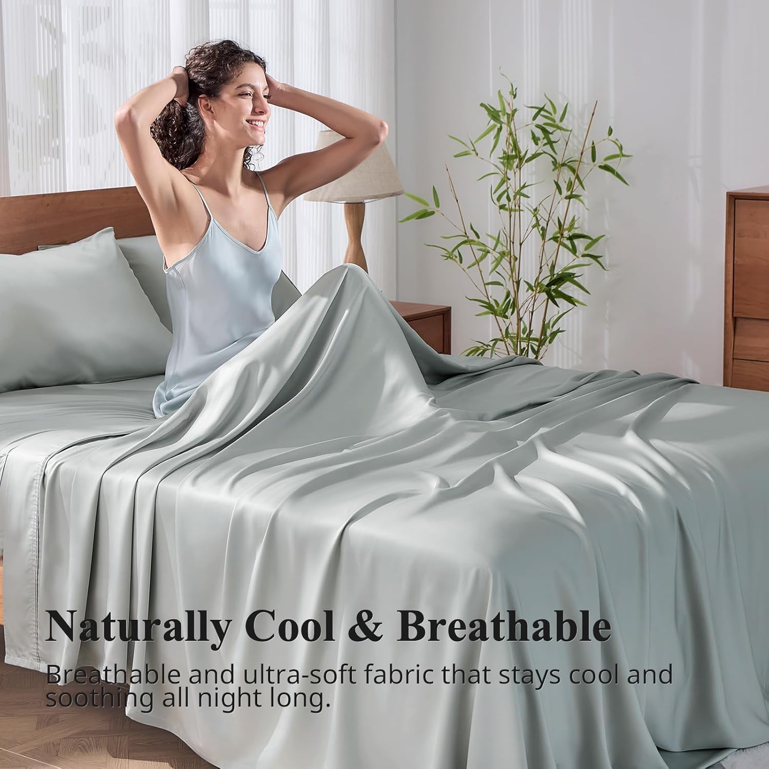 King Size Sheet Set, Viscose Bamboo Sheets for Bed Set 4pcs, 100% Viscose Derived from Bamboo, Hotel Luxury Silky & Cooling for Hot Sleepers, Deep Pocket Up to 17", Light Grey