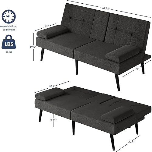 Miniatura 2 de BELLEZE Sofá cama futón, cómodo sofá cama convertible con 2 puertos USB, reposabrazos extraíbles y respaldo ajustable, moderno sofá biplaza para