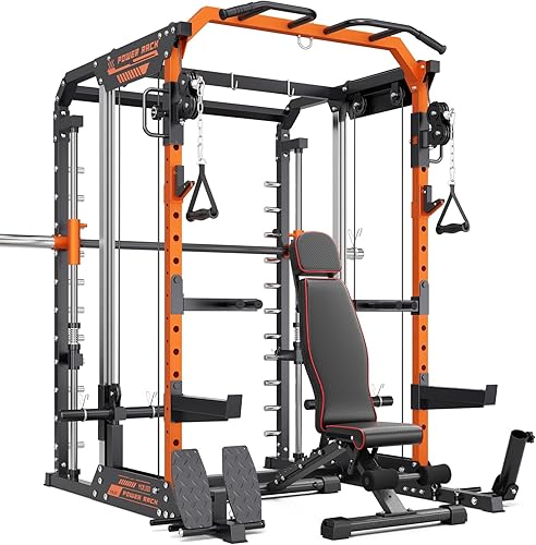 Miniatura 10 de YOLEO Smith Machine & Squat Rack Combo, Multi-Functional Power Racks with Adjustable Width & Pull-Up Bar, Cable Crossover Power Cage, Independent