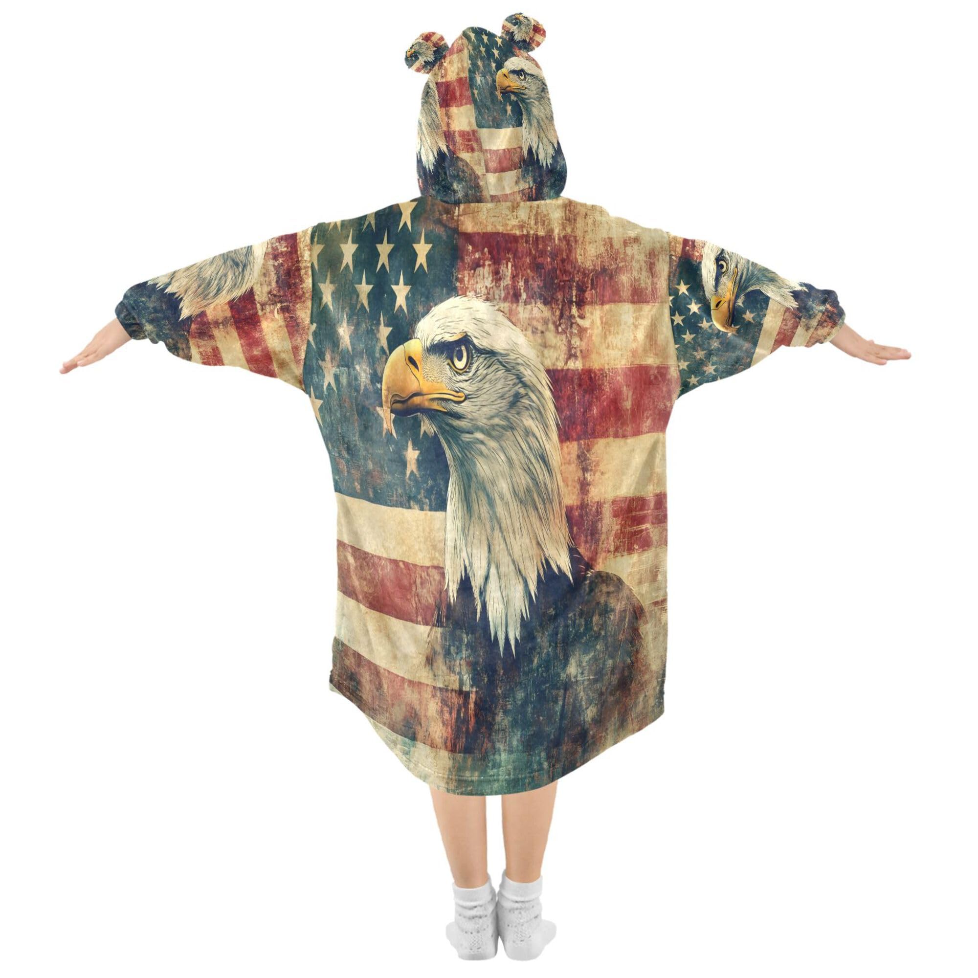 PYBUG American Flag Eagle Oversized Blanket Hoodie with Pocket Wearable Warm and Cozy Blanket Sweatshirt for Boys Girls,L
