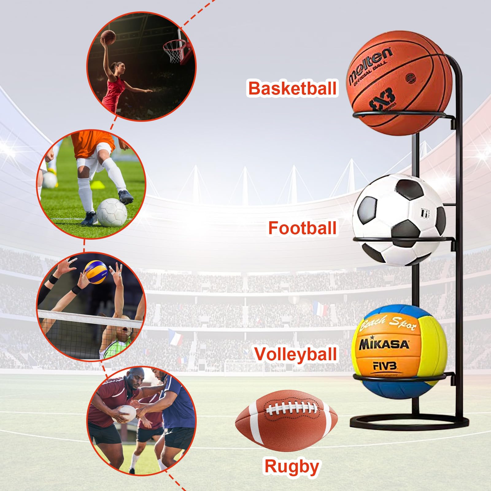 2 Stück Ballhalter Ballaufbewahrung, Basketballständer, 3 Stufiges Innenbereich Ballregal, Metall Ballständer Display Halter, Basketball Aufbewahrungsregal für Fußball Basketball