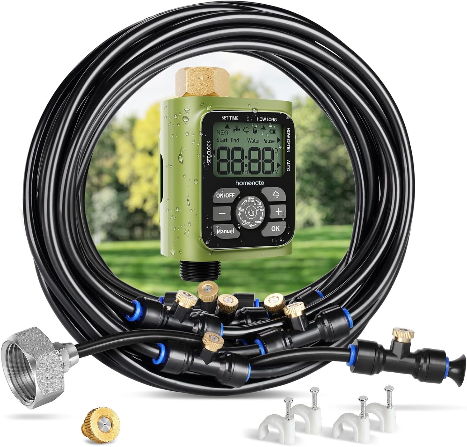 HOMENOTE Misting Cooling System with Timer, 26FT Misting Hose+7 Brass Nozzles+3/4" Brass Adapter+Water Timer with Mist Mode & Irrigation Mode, Outdoor Misters for Patio Cooling and Garden Watering