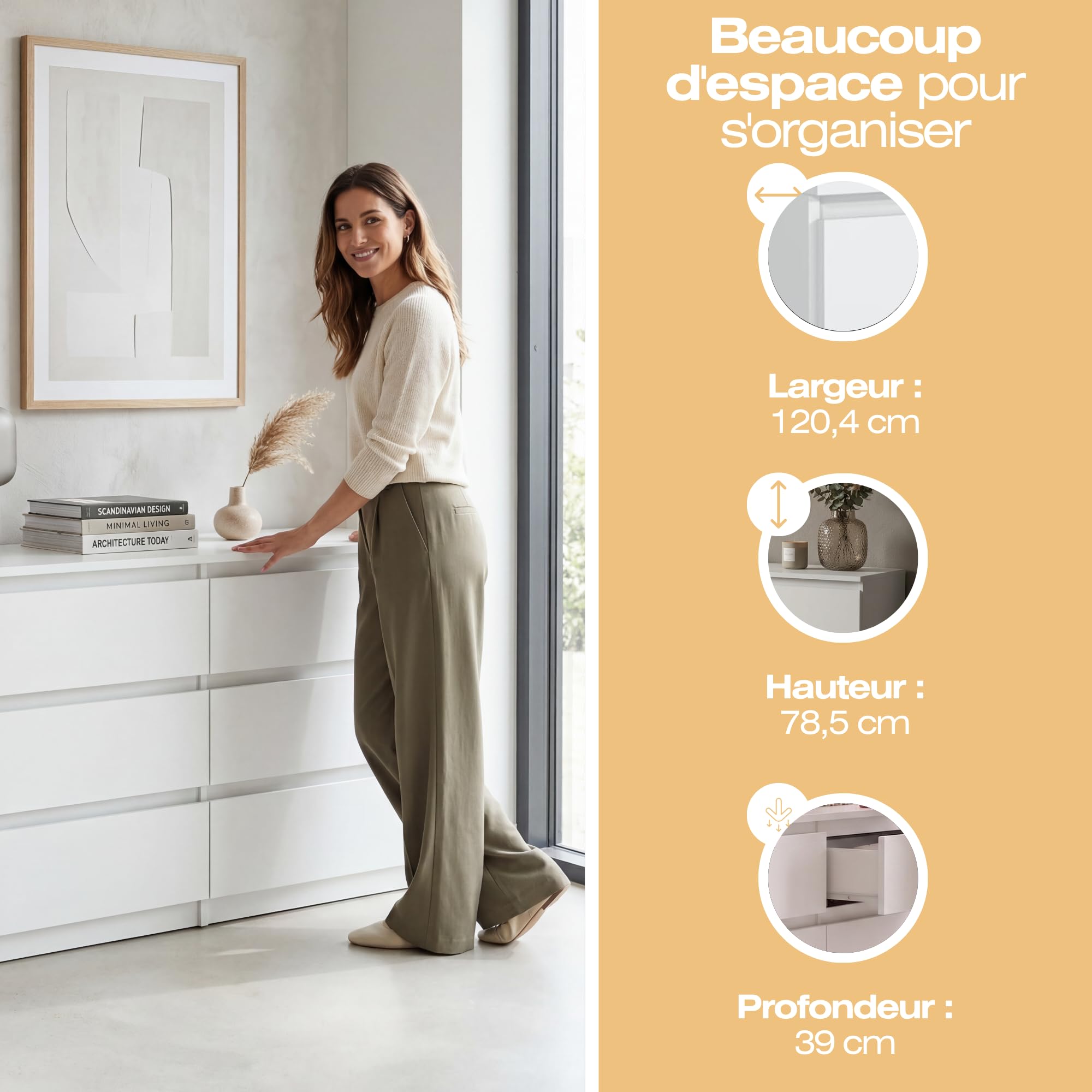Commode 6 Tiroirs Blanc 120 cm - Design Minimaliste - 120 x 39 x 78,5 cm - Meuble de Rangement Spacieux pour Chambre, Salon ou Bureau