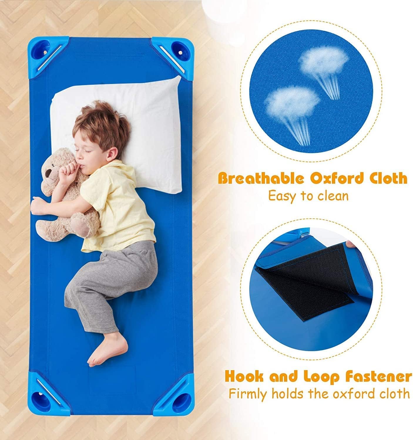 GLACER Toddler Daycare Cots, Stackable Kids Cots for Playing, Children's Relaxation Bed w/Easy Lift Corners, Ready-to-Assemble, Perfect for Daycare, Nursery, Preschool, Pack of 6 (Dark Blue)