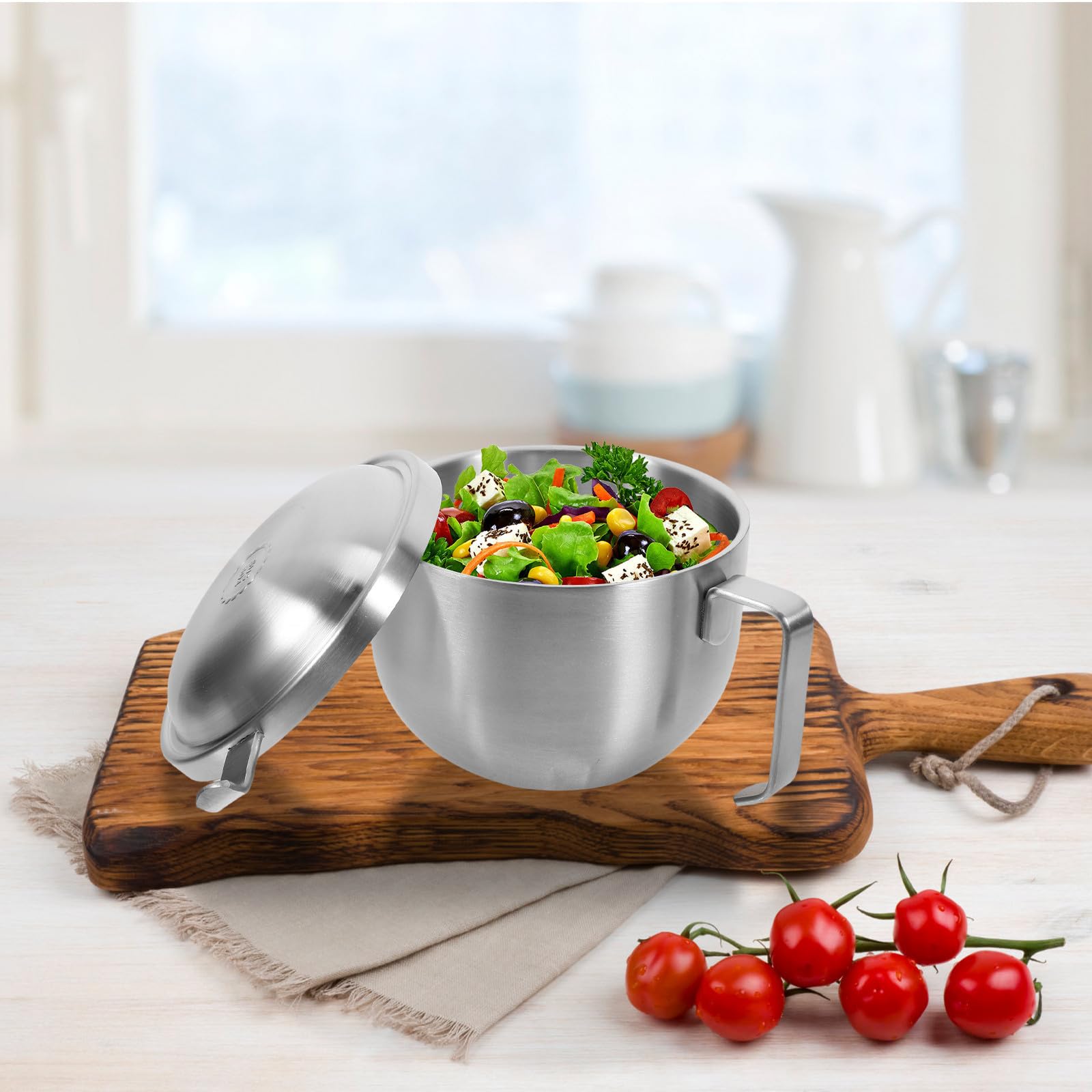 Tazón de Comida de Acero Inoxidable Tapa y Asa, Capacidad 1200ml, Cuenco Portátil Anti-escaldaduras Adecuado para Sopa y Fideos