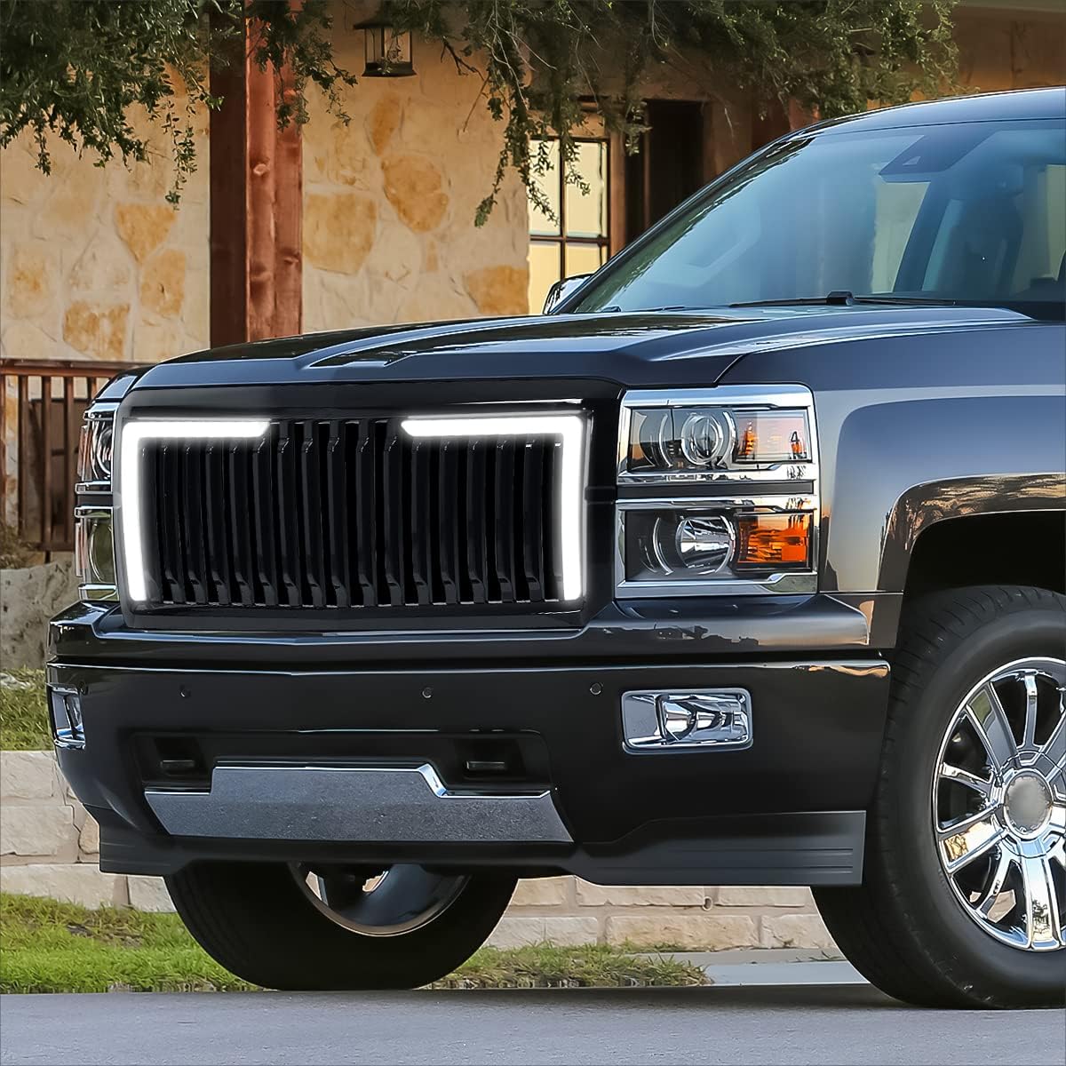 Vertical Slat Style Front Bumper Grille w/LED Light Compatible with 14-15 Chevy Silverado 1500,Glossy Black