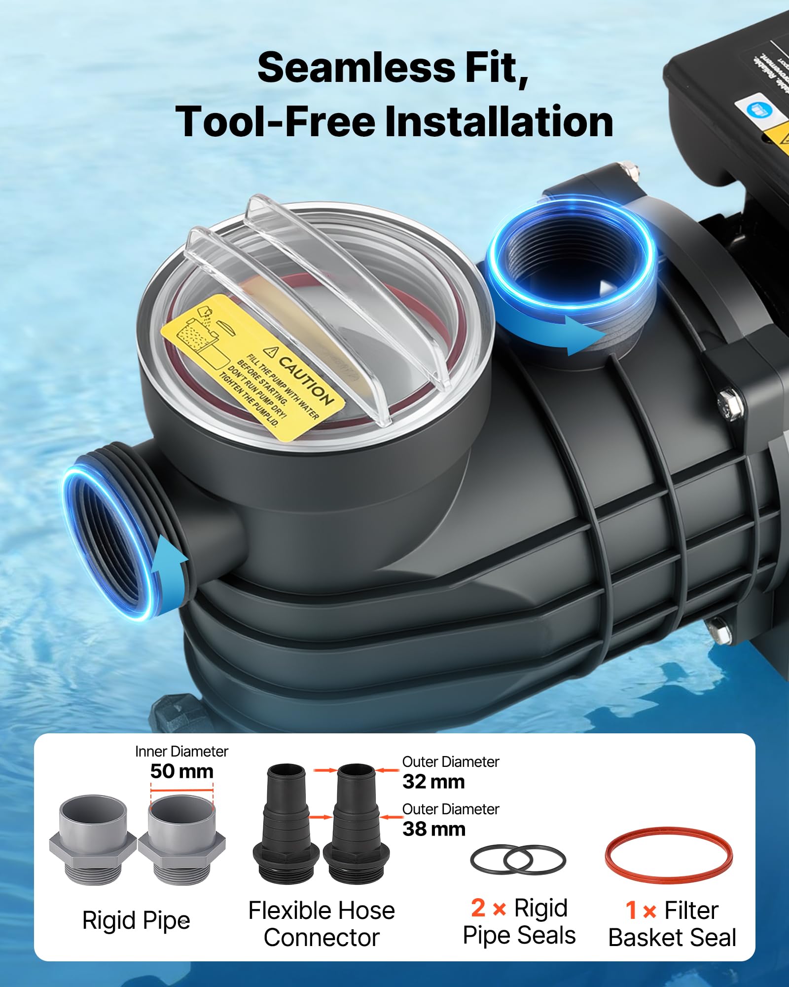 VEVOR Bomba para Piscina Elevada 180 W Caudal Máximo de 10800 L/H Bomba de Filtración para Piscina de Una Sola Velocidad, CA 220-240 V 2850 RPM, Altura de Elevación Máxima de 8 m, con Filtro y Tapa