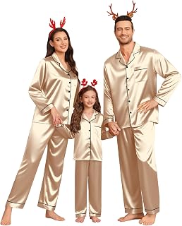 Family Matching Pajamas Set Silk Satin Button Down Sleepwear Long Sleeve Nightwear 2 Pcs Pj Set
