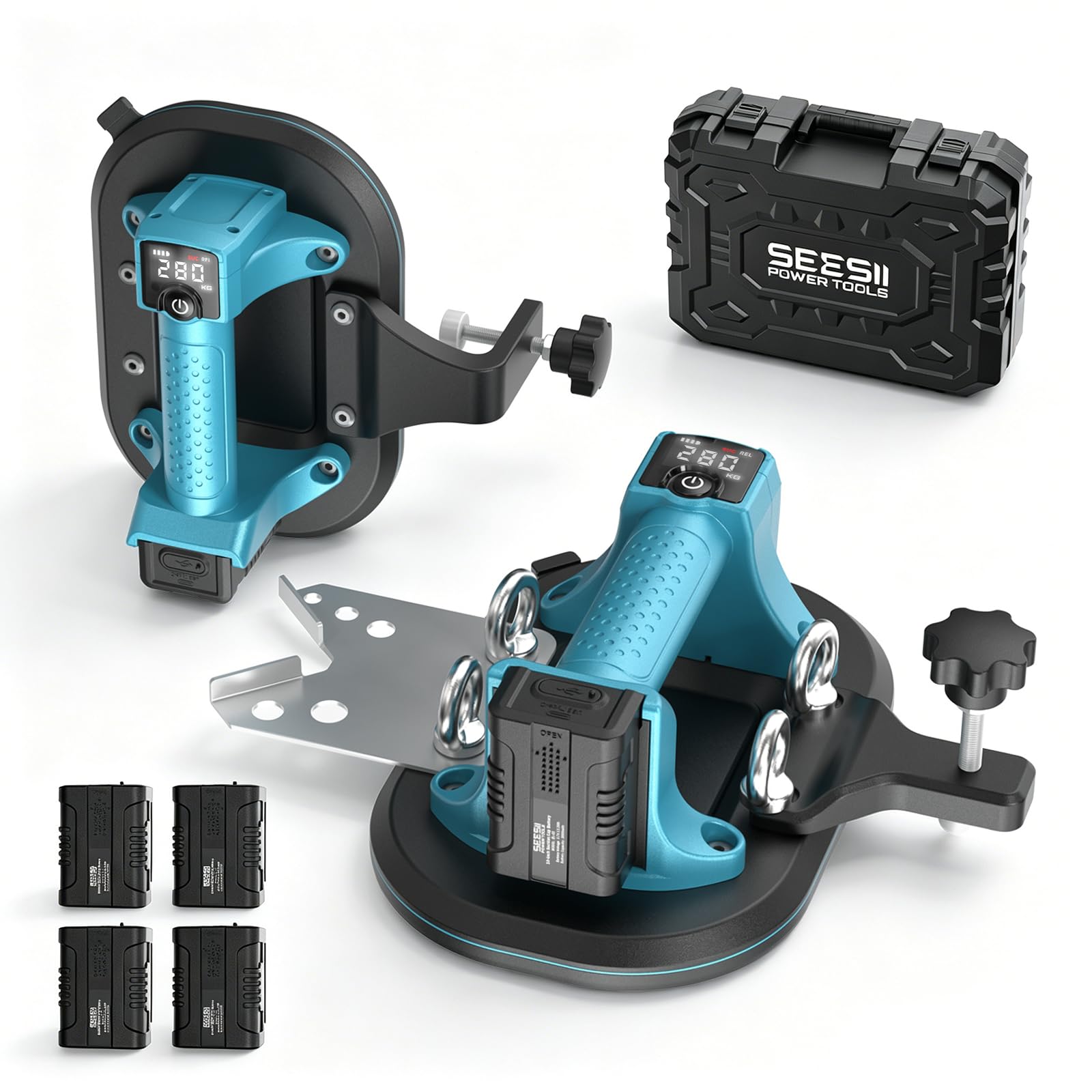 Photo 1 of SEESII 4-in-1 Electric Suction Cups for Tile Lifting, Drill, Seam & Leveling: 10" Large Glass Suction Cup, Heavy Duty Vacuum Lifter with 280KG/617LBS Max Load, 4X 3000mAh Batteries, Digital Display