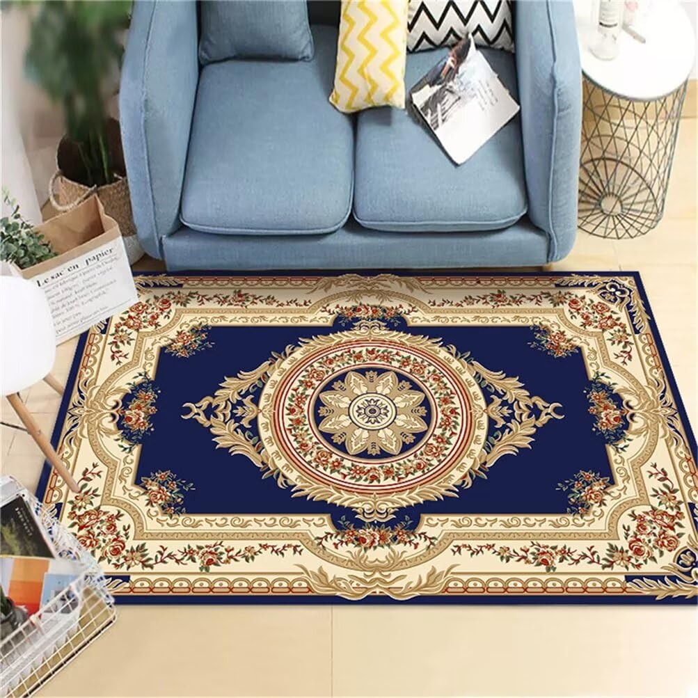 Tapis de salon lavable bleu 200x200 cm au style floral vintage pour chambre